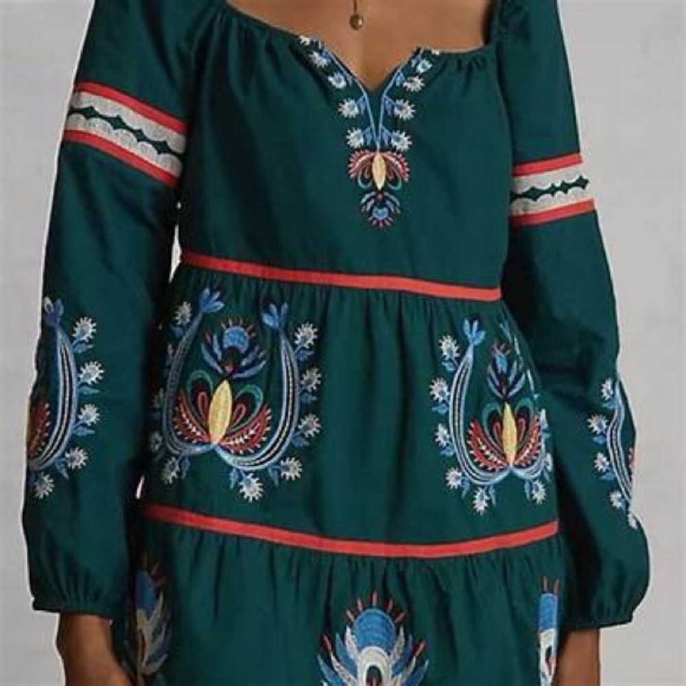 Anthropologie Embroidered Green Peasant Tunic Dress - Picture 1 of 2